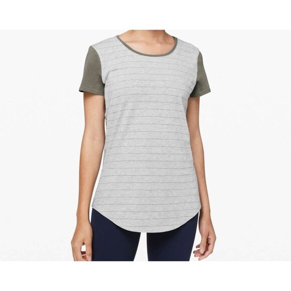 Lululemon Short Serve Stripe Love Crew III Tee Shirt Women Grey/Sage - Picture 1 of 6